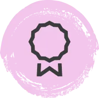 A pink circle with a black ribbon and a medal