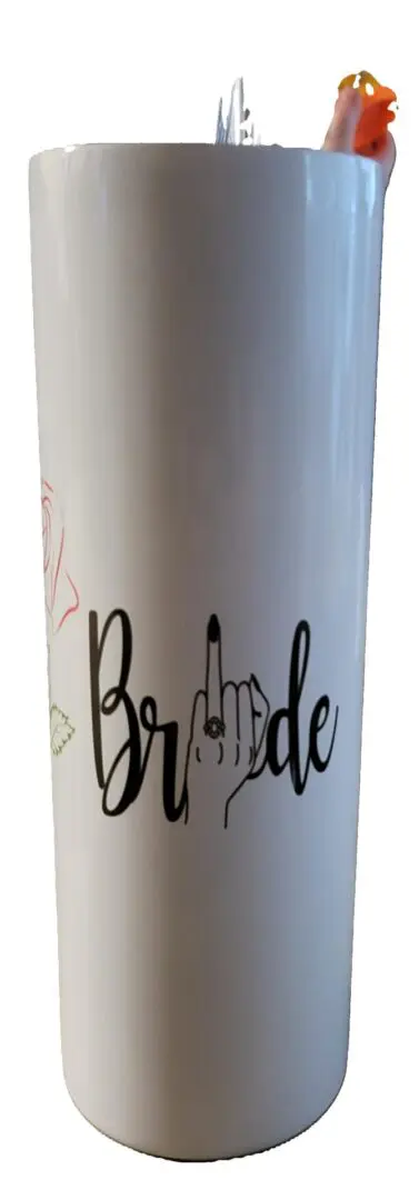 A white cup with the word bride written on it.