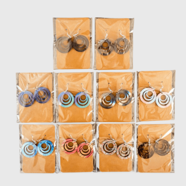 A group of ten pairs of earrings in plastic bags.