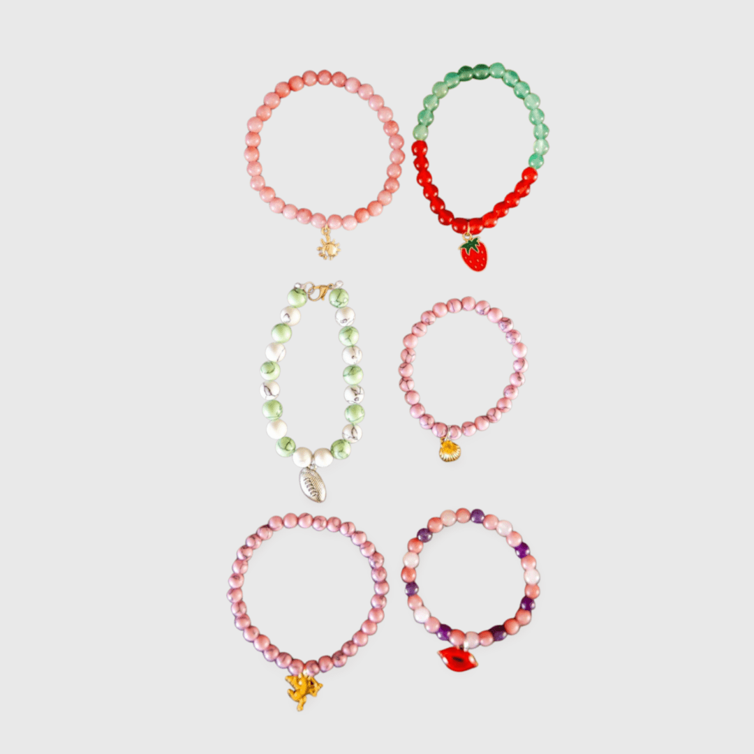 A set of six bracelets with different colors and shapes.