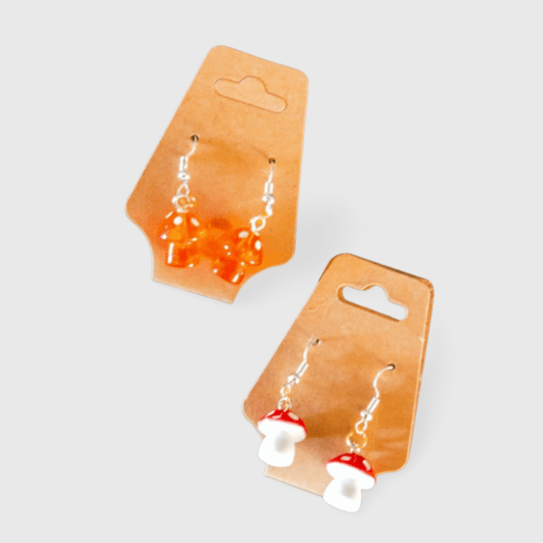 A pair of earrings hanging on the side of a card.