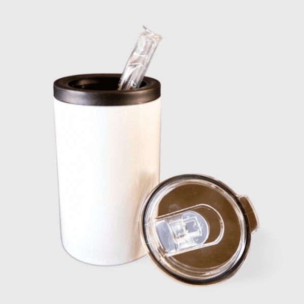 A white cup with a straw in it