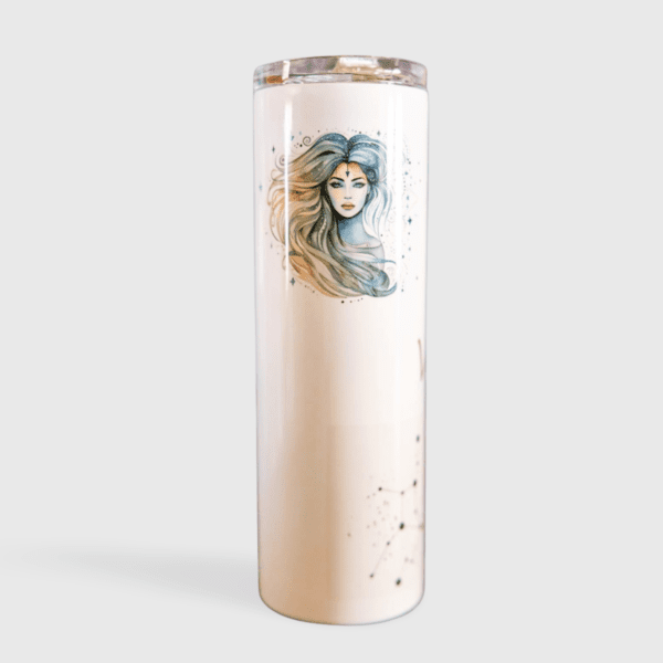 A tall white cup with a picture of a woman on it.