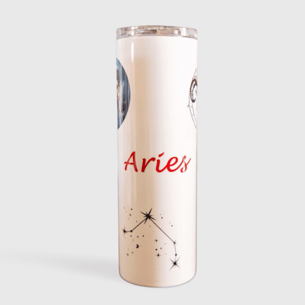 A tall white cup with the name aries on it.