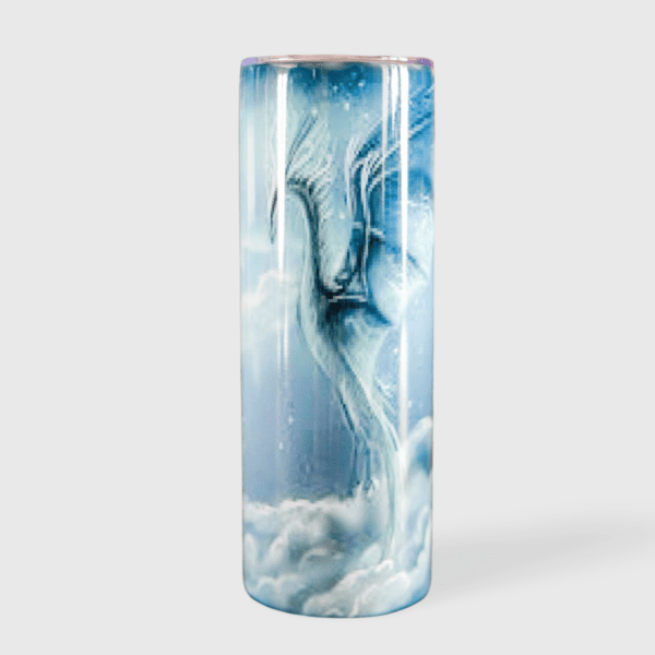 A tall glass vase with a picture of a horse on it.