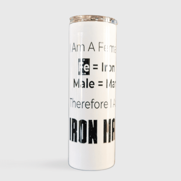 A white thermos with the words iron hero written on it.