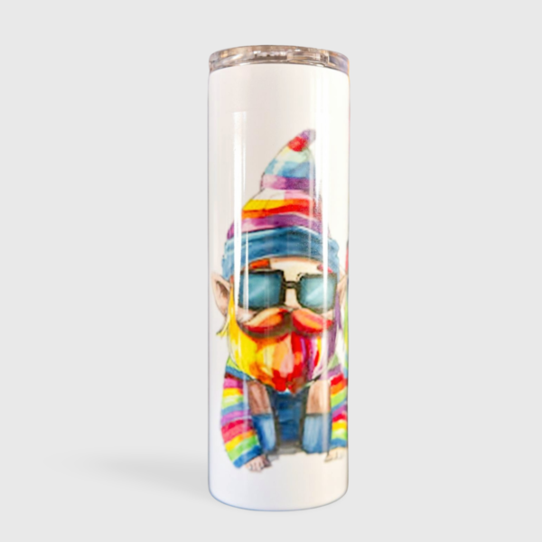 A colorful gnome is shown on the side of a cup.