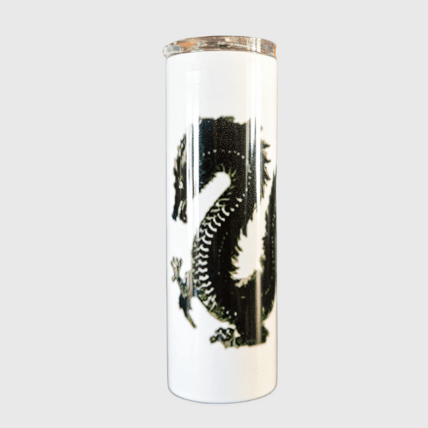 A white thermos with a black dragon on it.