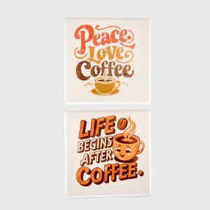 A pair of coffee themed coasters with the words " peace love coffee ".