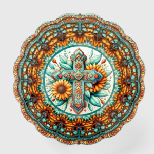 A decorative plate with a cross on it.