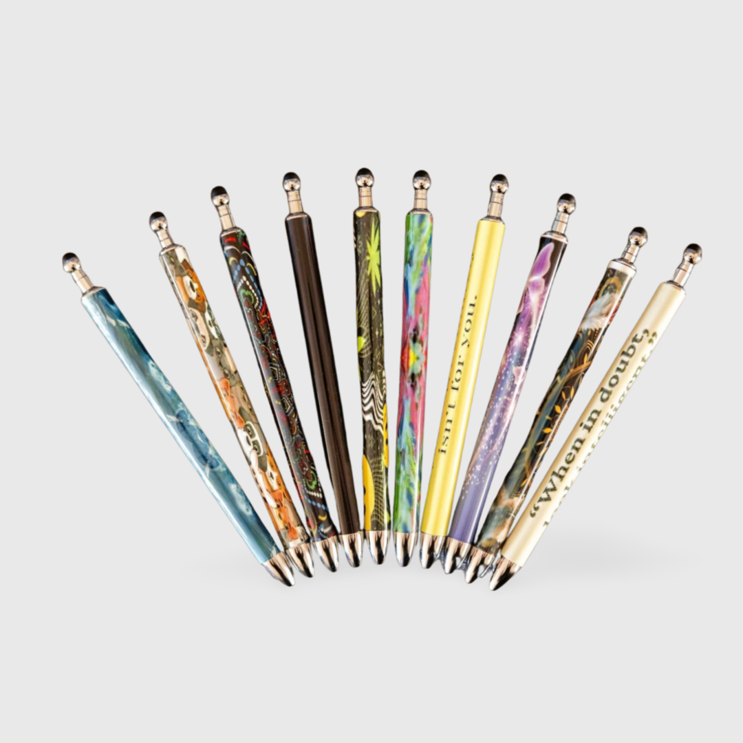 A group of pencils with different designs on them.