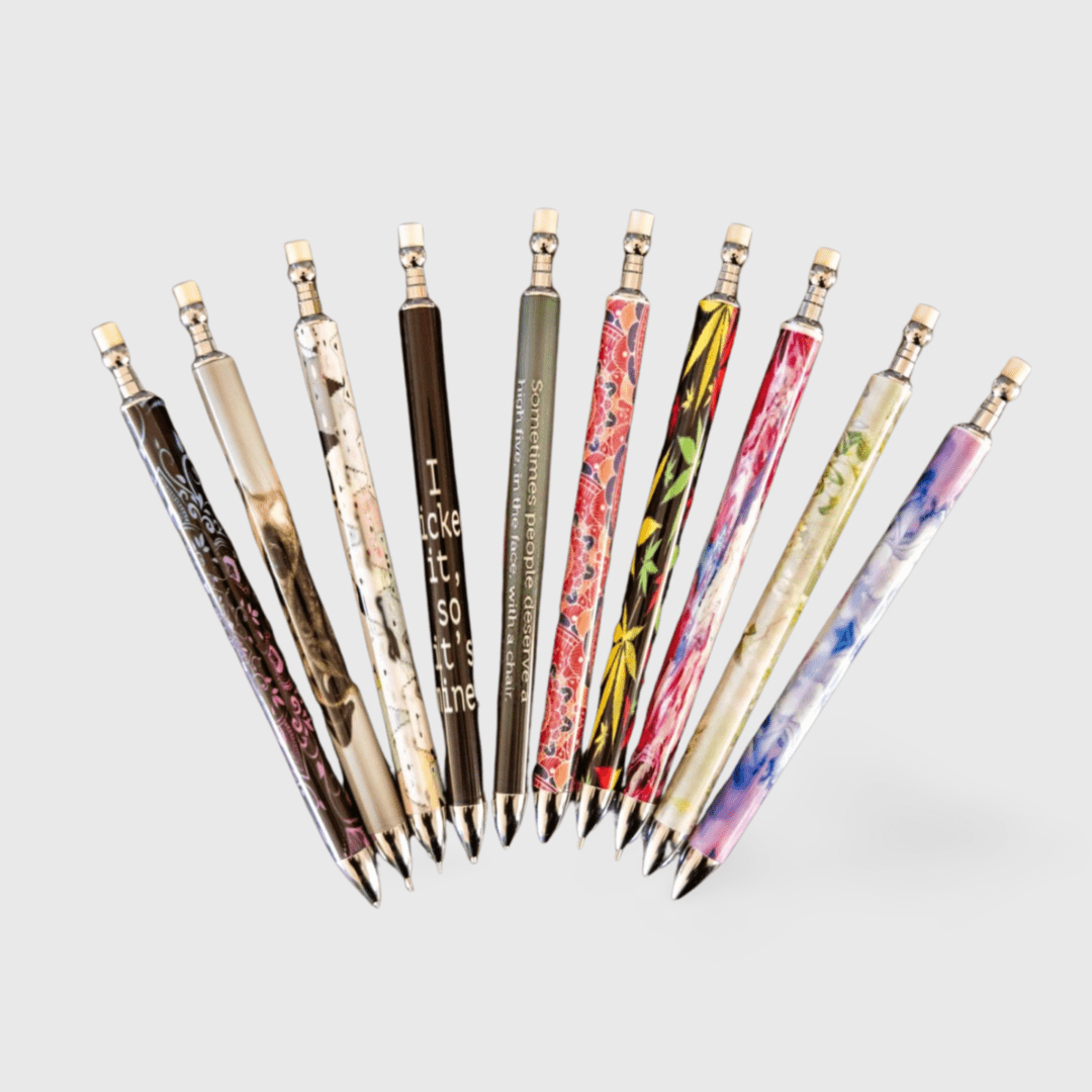 A group of pencils with different designs on them.