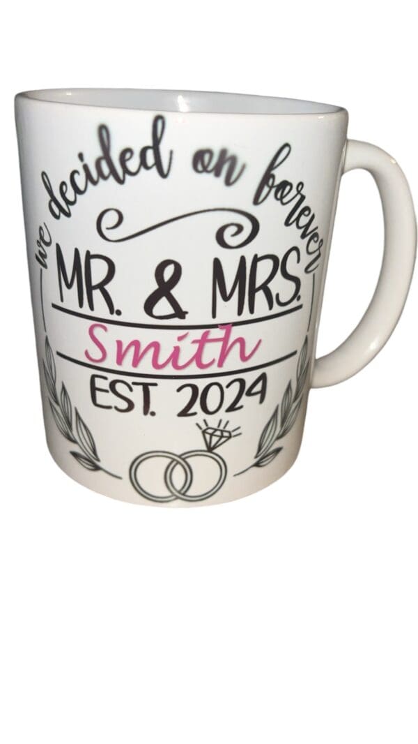 A mug that says " married in february, mr. & mrs."