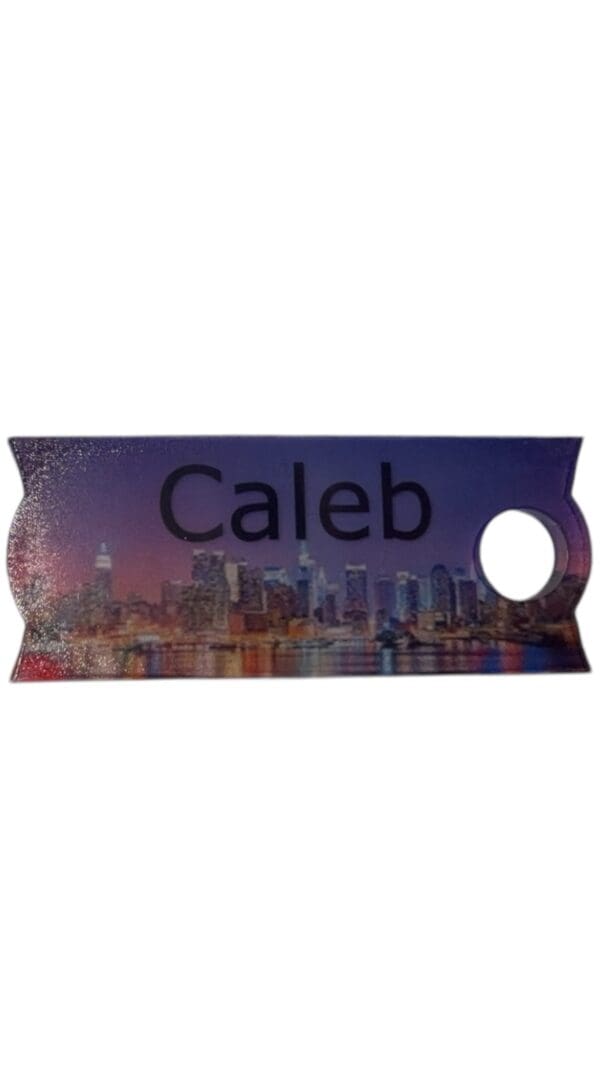 A close up of the name plate for caleb