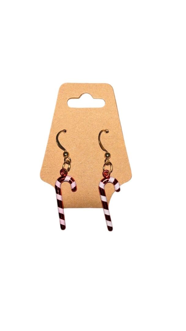 A pair of earrings hanging on a card.